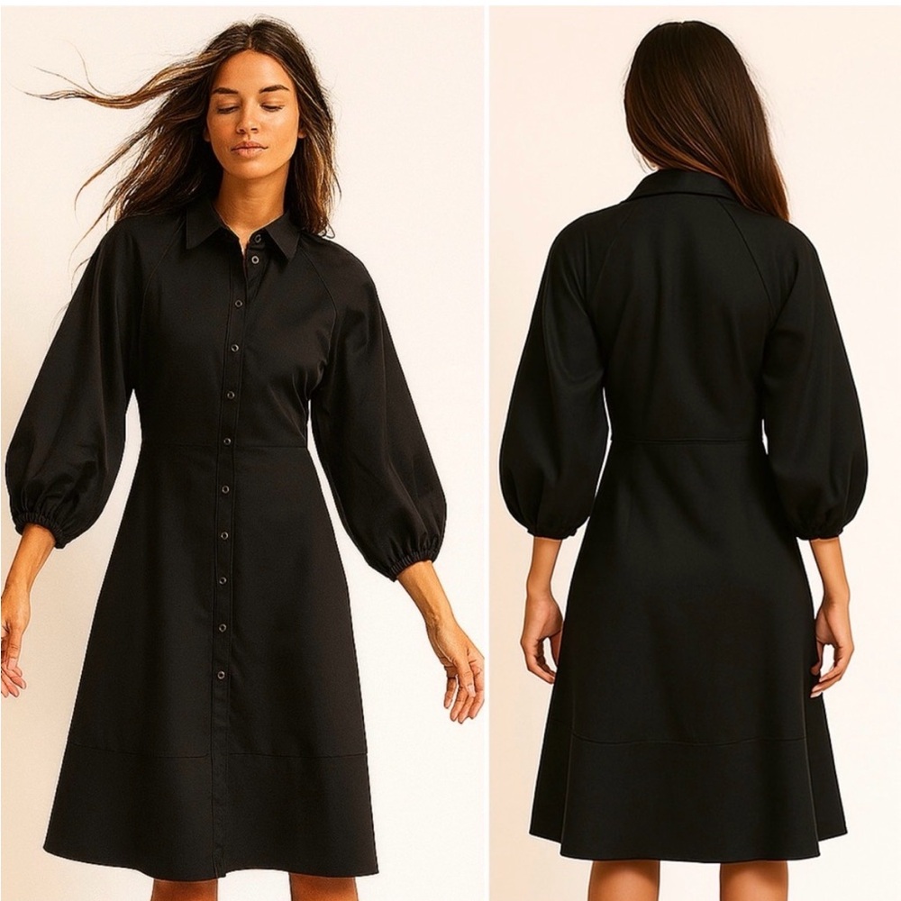 HARSHMAN Muriel Shirt Dress Black 3/4 Length Balloon Sleeve Button Small NEW